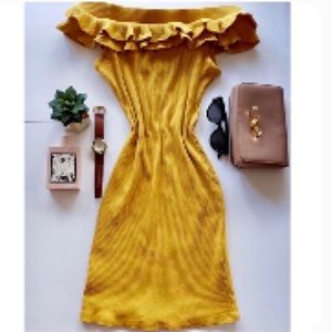 Short mustard yellow, off-shoulder body con dress